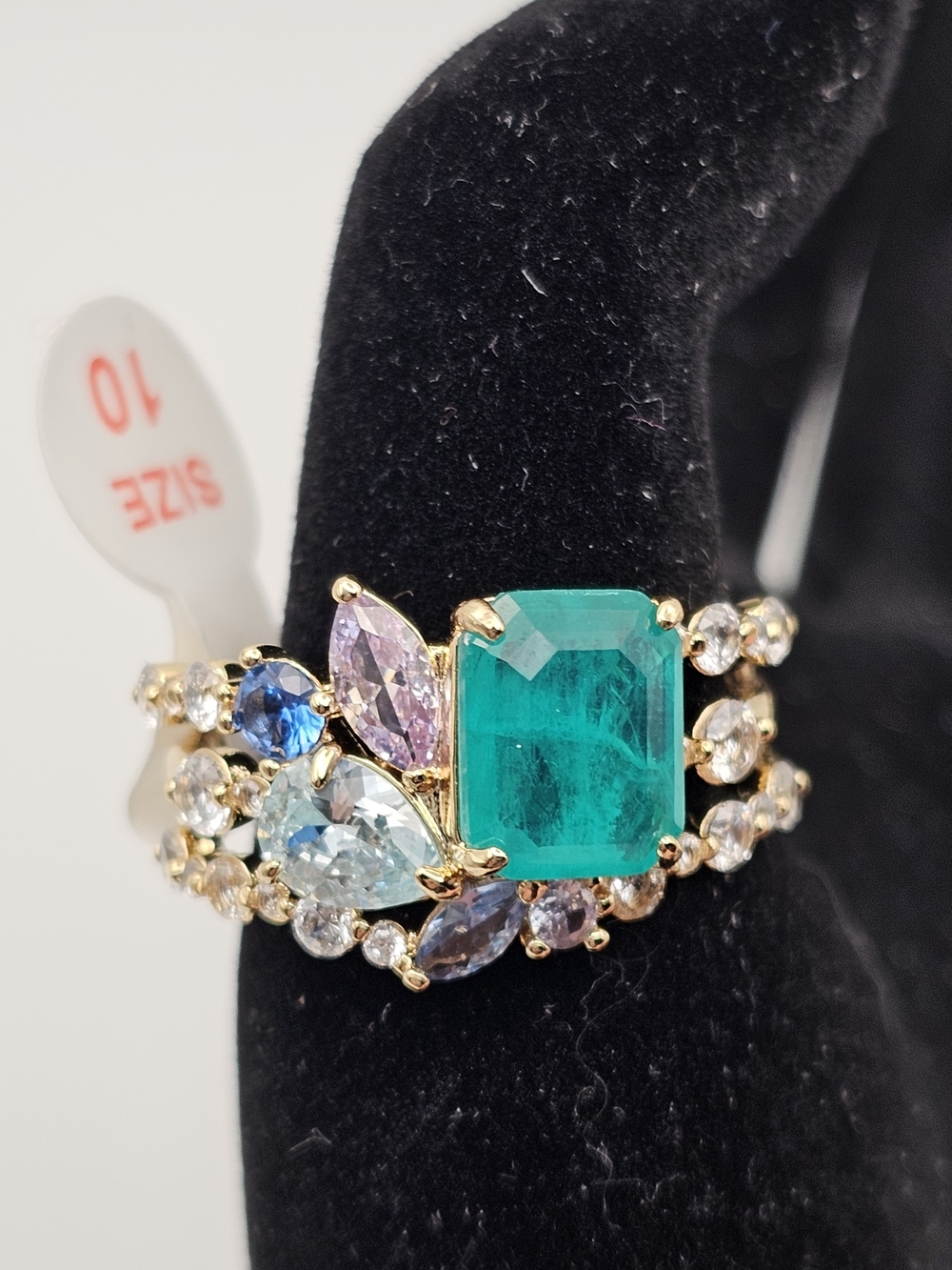 NEW Bomb Party OG Ring "Heartfelt Symphony" Size 10 Emerald Blue CZ on Gold $128